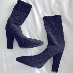 Black Chunky Heel Boots - Sock Boots Mid Calf